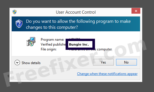 Screenshot where Bungie Inc. appears as the verified publisher in the UAC dialog